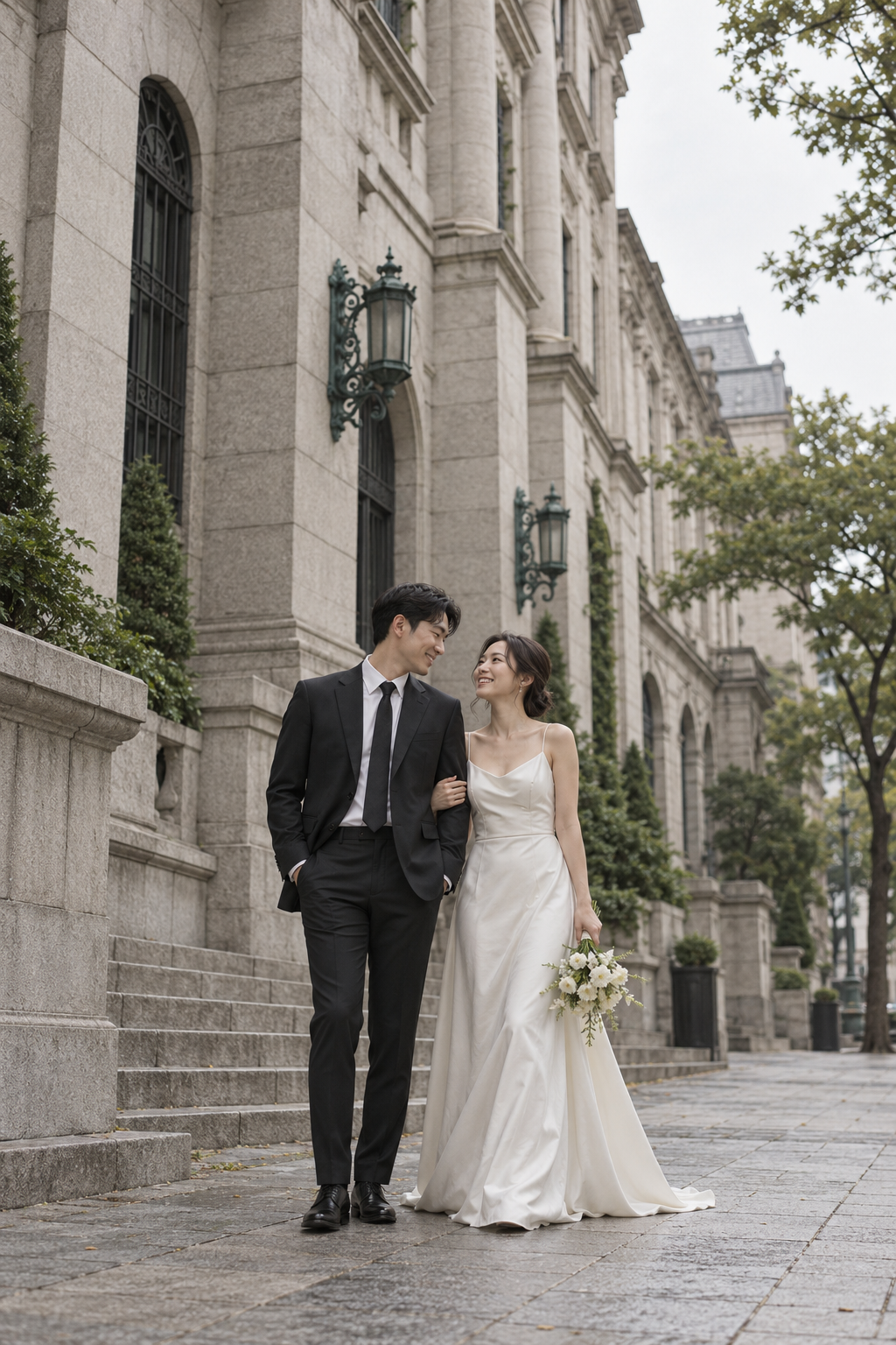 돌담길에서 함께 웃는 신랑과 신부의 시안용 AI 웨딩 사진